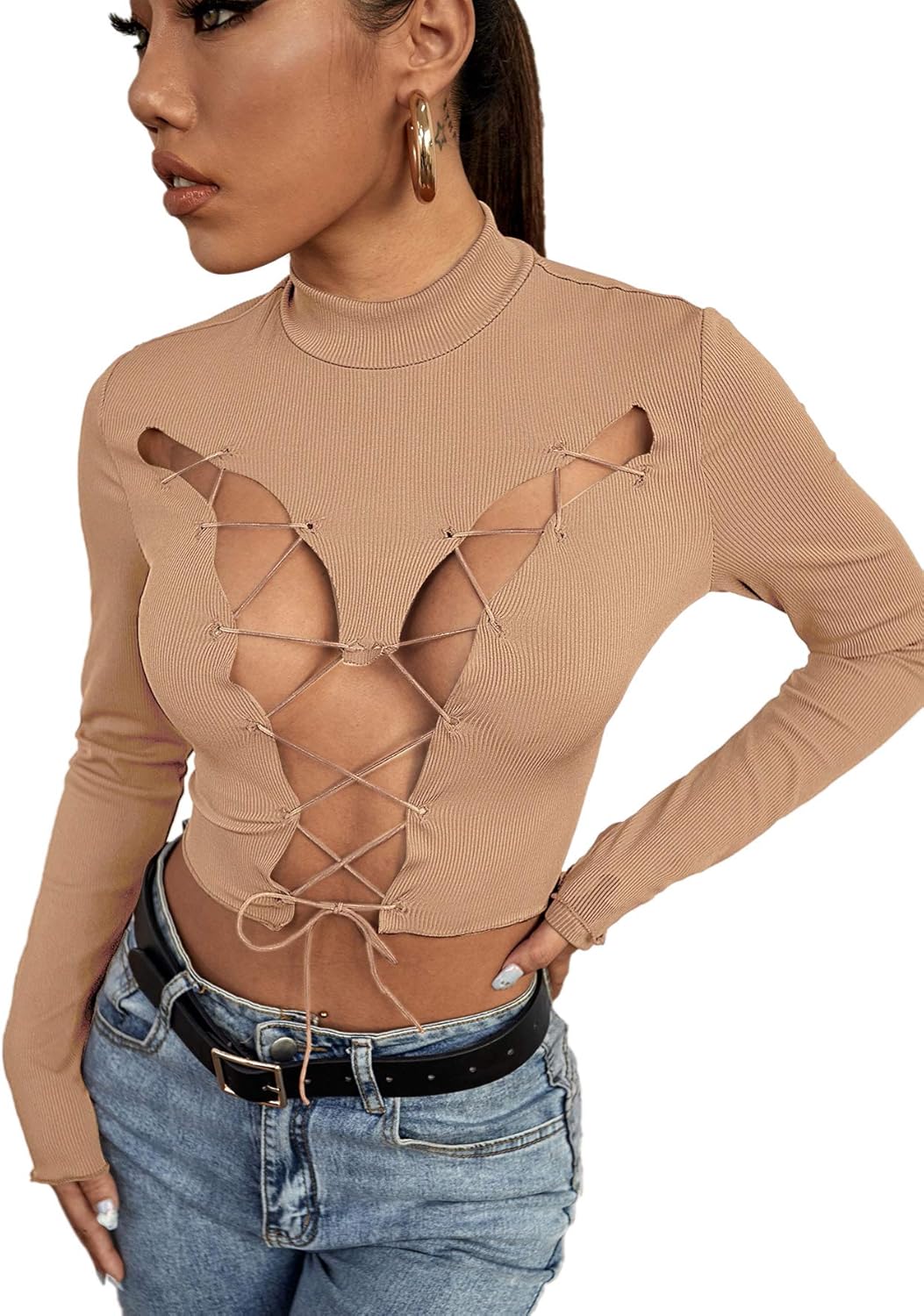 Download SheIn Women's Mock Neck Long Sleeve T Shirt Lace Up Cut ...