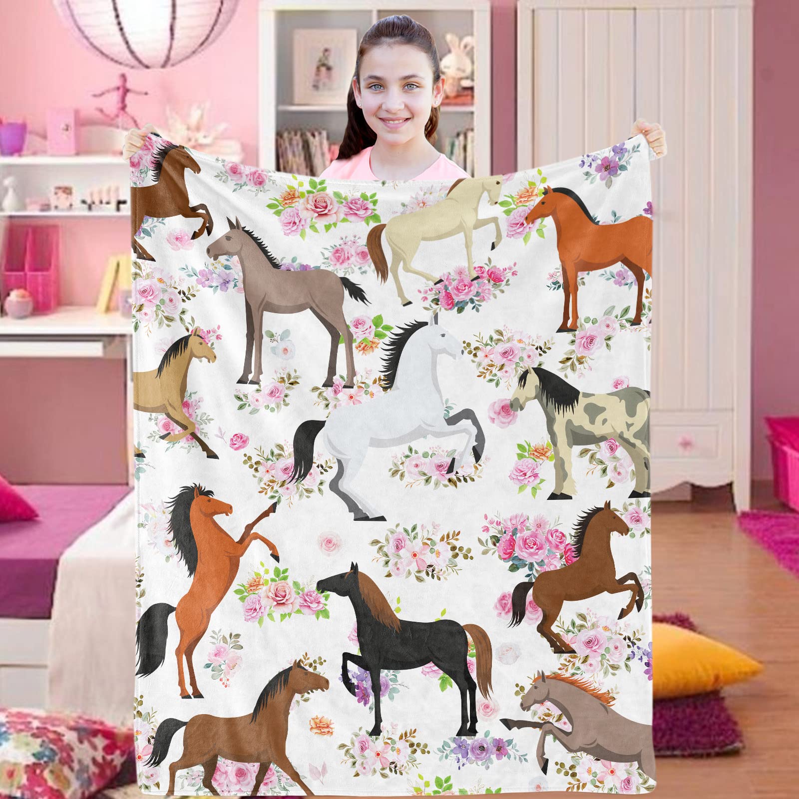 Domgoge Horse Blanket Kids, for Girls, Soft Cozy Fleece Throw with Flower Floral, Fluffy Fuzzy Flannel Blankets Toddler Child Teen Daughter Gift Sofa Couch Bed Decor, 101x127cm, Horse-white Pink