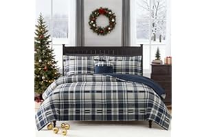 MaiRêve Queen Size Comforter Set Navy Blue, Classic Plaid Farmhouse 7 Pieces Bedding Set, All Season Lightweight Bed in a Bag with Sheets, Pillowcases & Shams