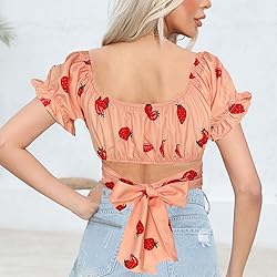 COOUFE Women's Crop Tops Ruffle Short Sleeve Tie