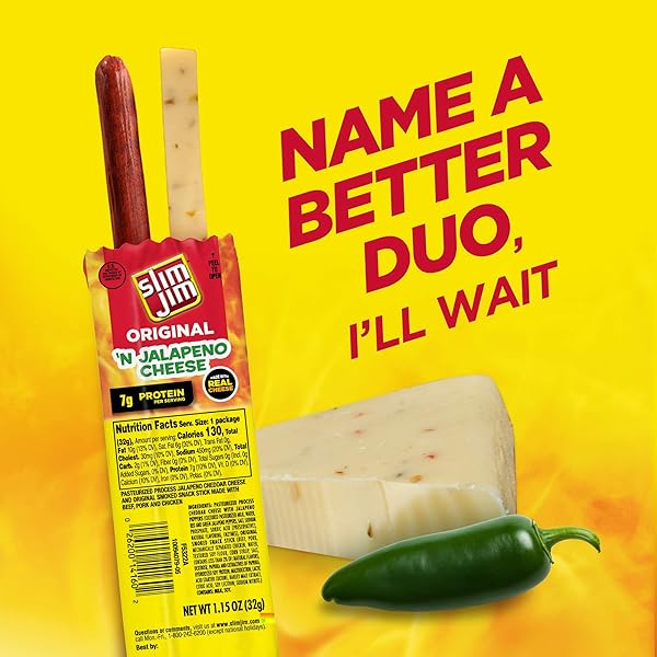 SLIM JIM BEEF ‘N JALAPENO CHEESE SMOKED MEAT STICKS, ORIGINAL FLAVOR, 7G PROTEIN PER SERVING, 1.15 OZ. (14 COUNT)