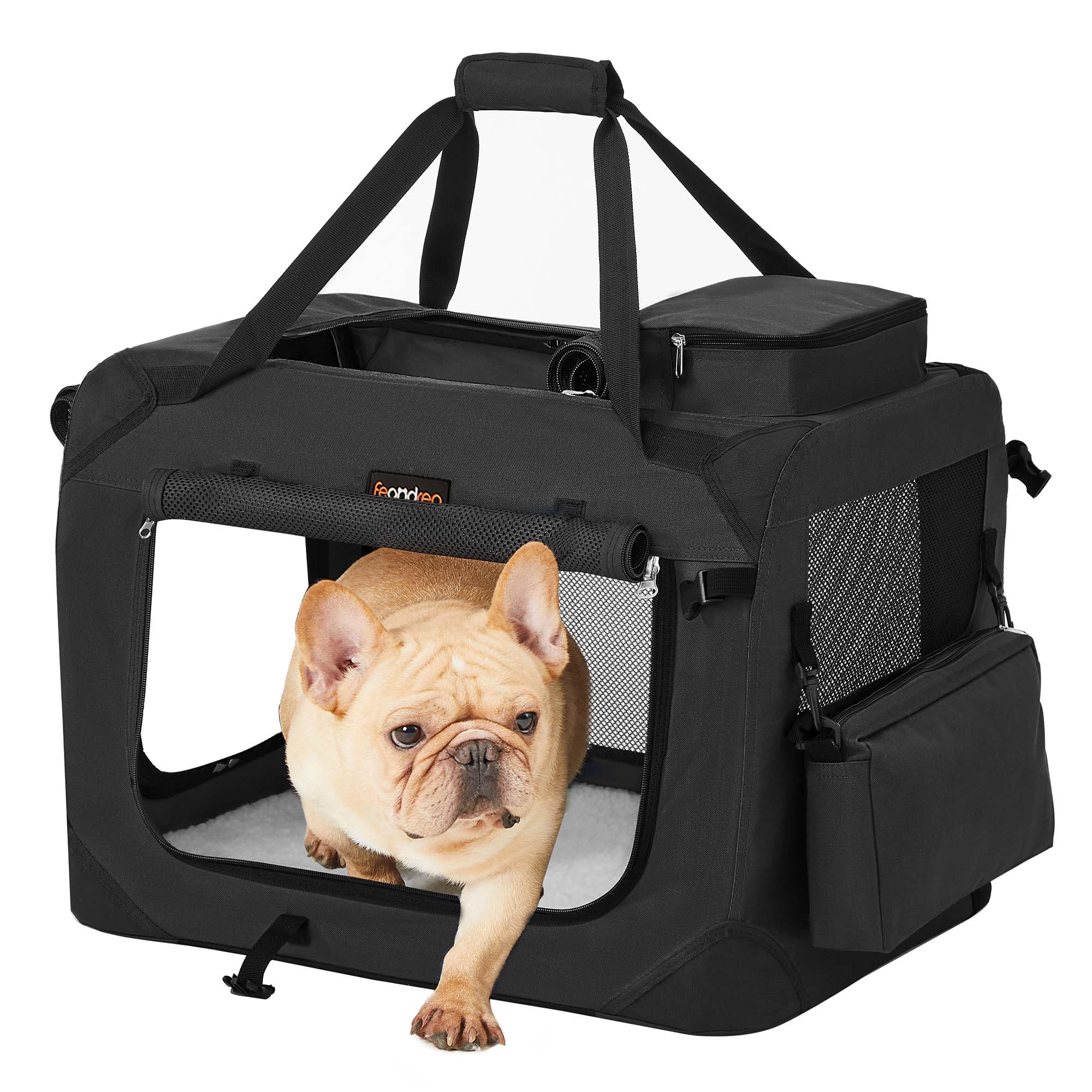 Feandrea Foldable Pet Carrier Bag, Portable Dog Travel Crate, Soft Sided Dog Cat Pet Travel Carrier Large Dog Crate for Car with Breathable Mesh and Storage Pockets, 60 x 42 x 42 cm, Black PDC60H