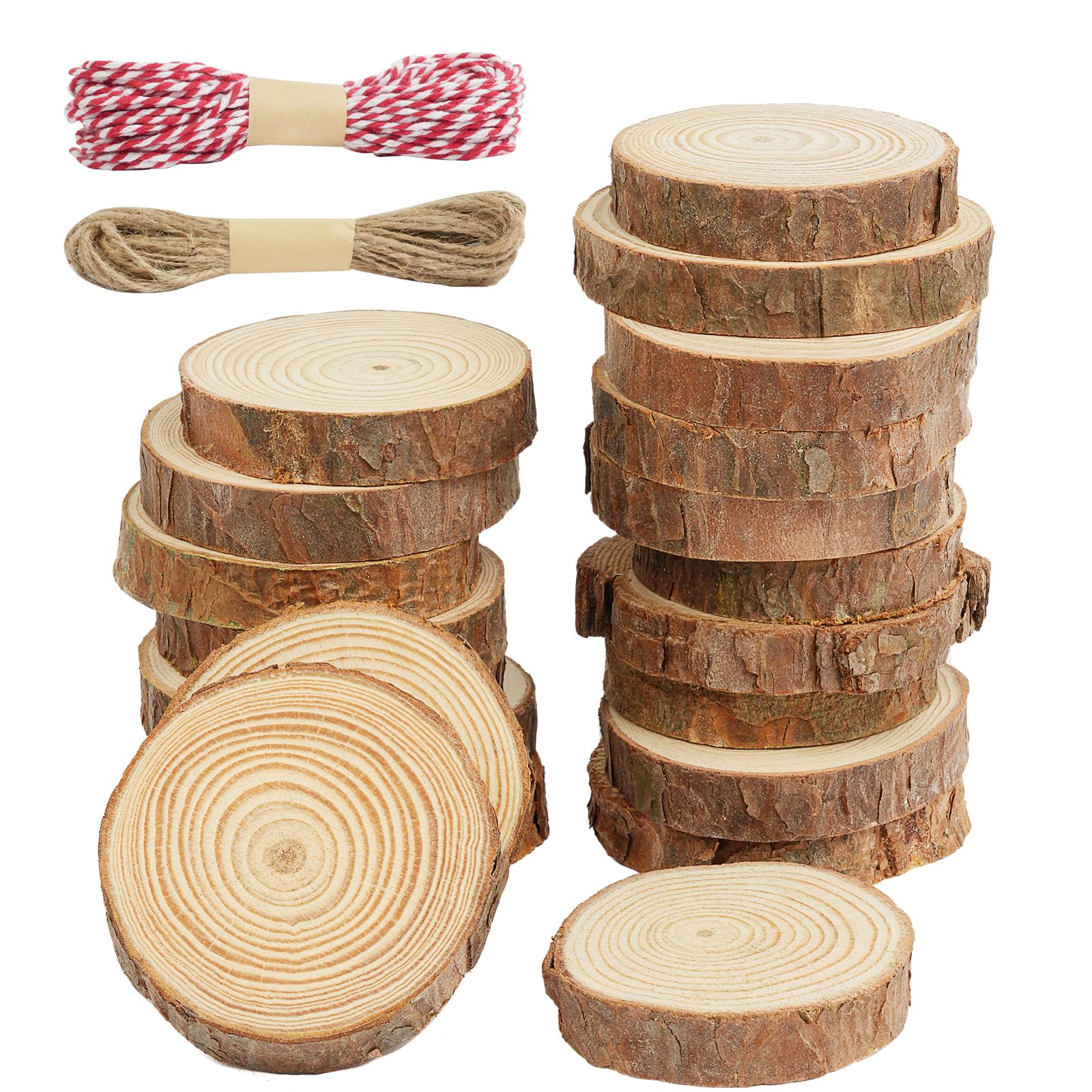 HOTUT 20 Pcs Natural Wood Slices, 5-6cm Unfinished Natural Log Slices for Crafts with 2 Ropes, No Hole Log Wooden Circles with Bark for DIY Wedding Decorations Christmas Ornaments