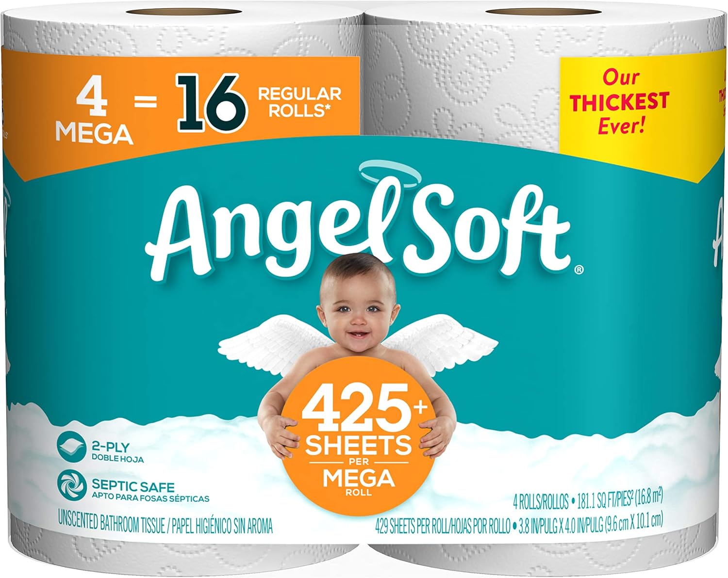 Angel Soft Toilet Paper Bath Tissue, 4 Mega Rolls, 425+ 2-Ply Sheets Per Roll: Health & Personal Care