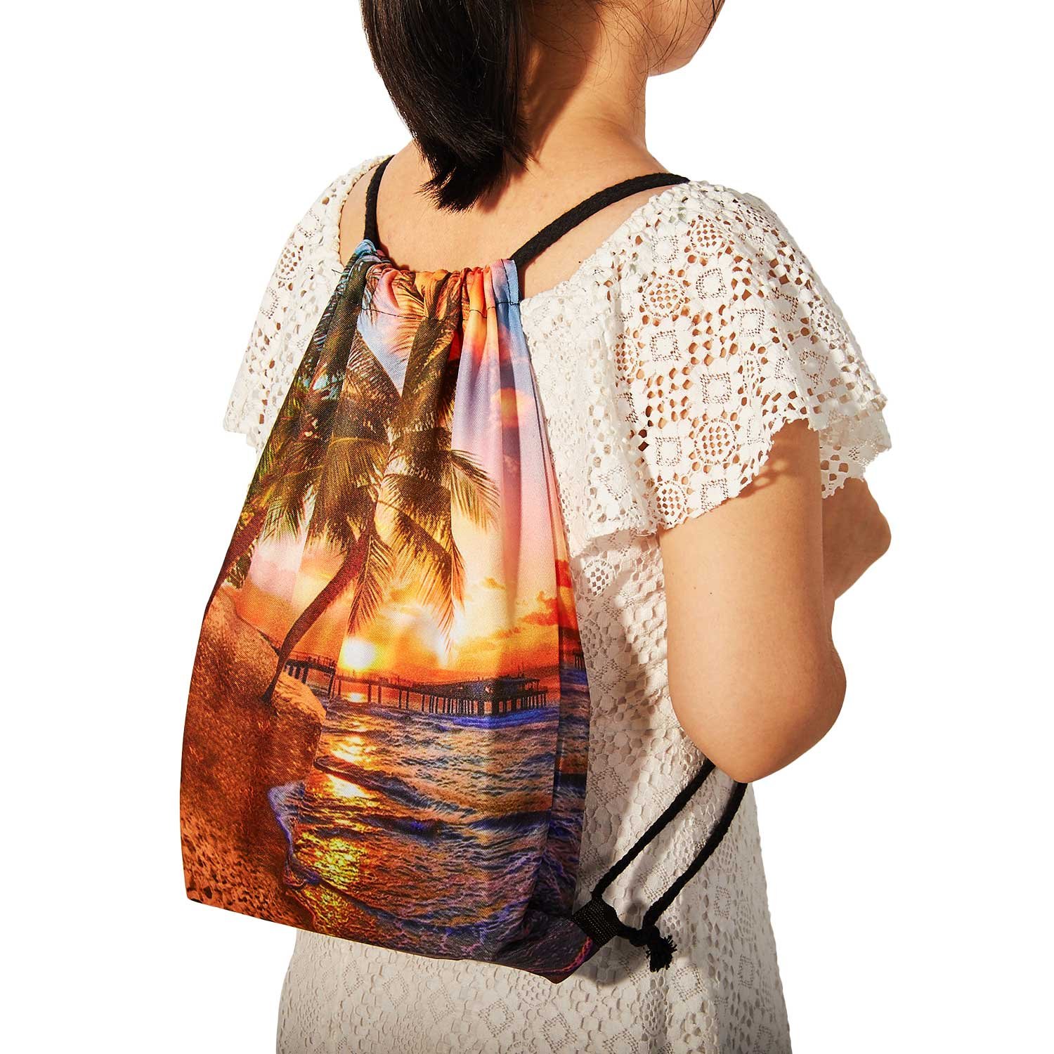 TUONROAD Travel Portable Travel Backpack Cute Cosmetic Pouch Storage 3D Pattern Summer Vacation Beach Theme Sunset Palm Tree the Setting Sun Cool Cinch Bags Zipper Handy Cosmetic Pouch