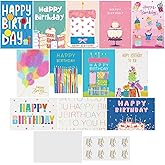 Oletx 12Pcs Happy Birthday Cards with Envelopes, Stickers, 4.2x6.2 Inch Color Birthday Card Assortment Blank Inside Perfect for Family, Friend, Teacher, Classmate