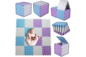 Coolcandy Foam Play Mat(16 Pcs/Set), Multi-Colored Play Mat for Baby, EVA Non-Toxic Interlocking Foam Puzzle Floor Mats, 0.4" Thick Square Kids Playmat for 47 * 47" Playpen(White/Purple/Blue)