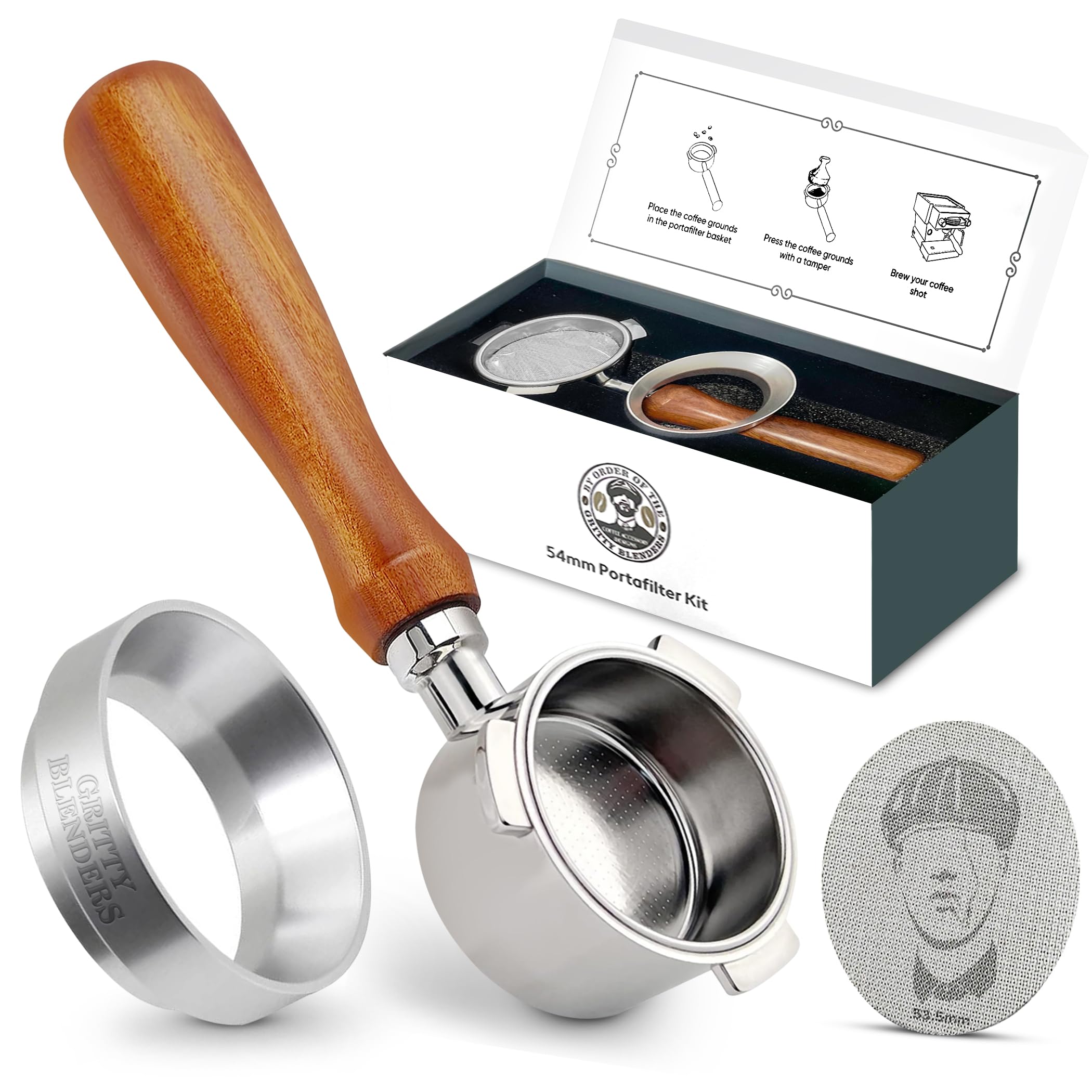 Gritty Blenders 51mm Bottomless Portafilter with Compatible Puck Screen, Basket and Dosing Ring | Compatible with De'Longhi Dedica EC680-685, and Smeg ECF Models Only, 3 Ear Portafilter