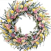 Egolot 26 Inch Spring Summer Colorful Flower Wreath for Front Door, Forsythia Lavender Wild Flowers Wreath for Home Decor, Colorful Wild Flowers with Green Leaves for Everyday