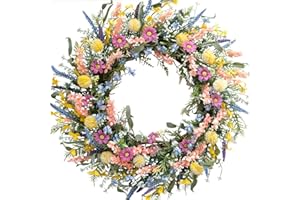 Egolot 24 Inch Spring Summer Colorful Flower Wreath for Front Door, Forsythia Lavender Wild Flowers Wreath for Home Decor, Colorful Wild Flowers with Green Leaves for Everyday