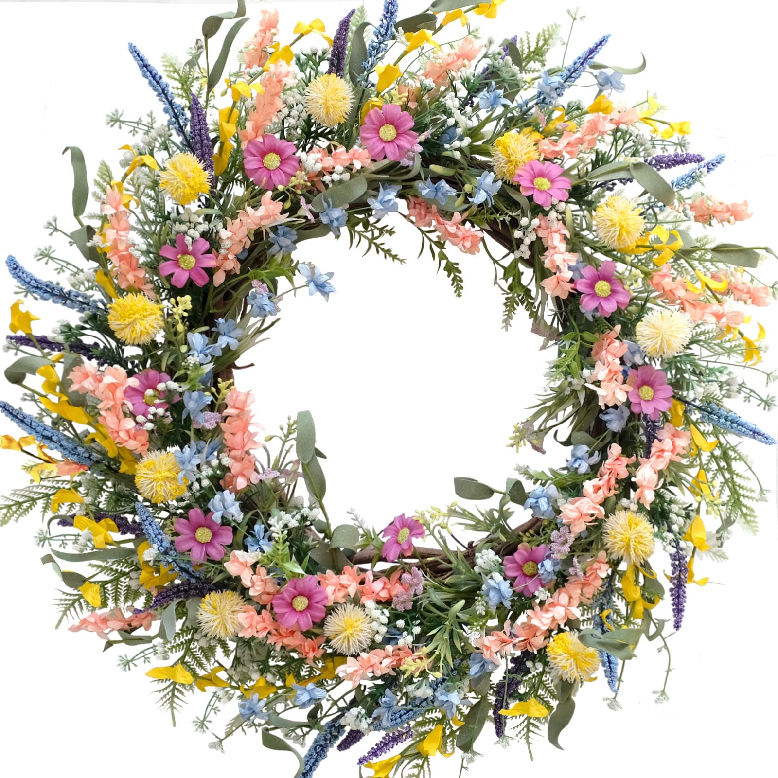 Egolot 26 Inch Spring Summer Colorful Flower Wreath for Front Door, Forsythia Lavender Wild Flowers Wreath for Home Decor, Colorful Wild Flowers with Green Leaves for Everyday