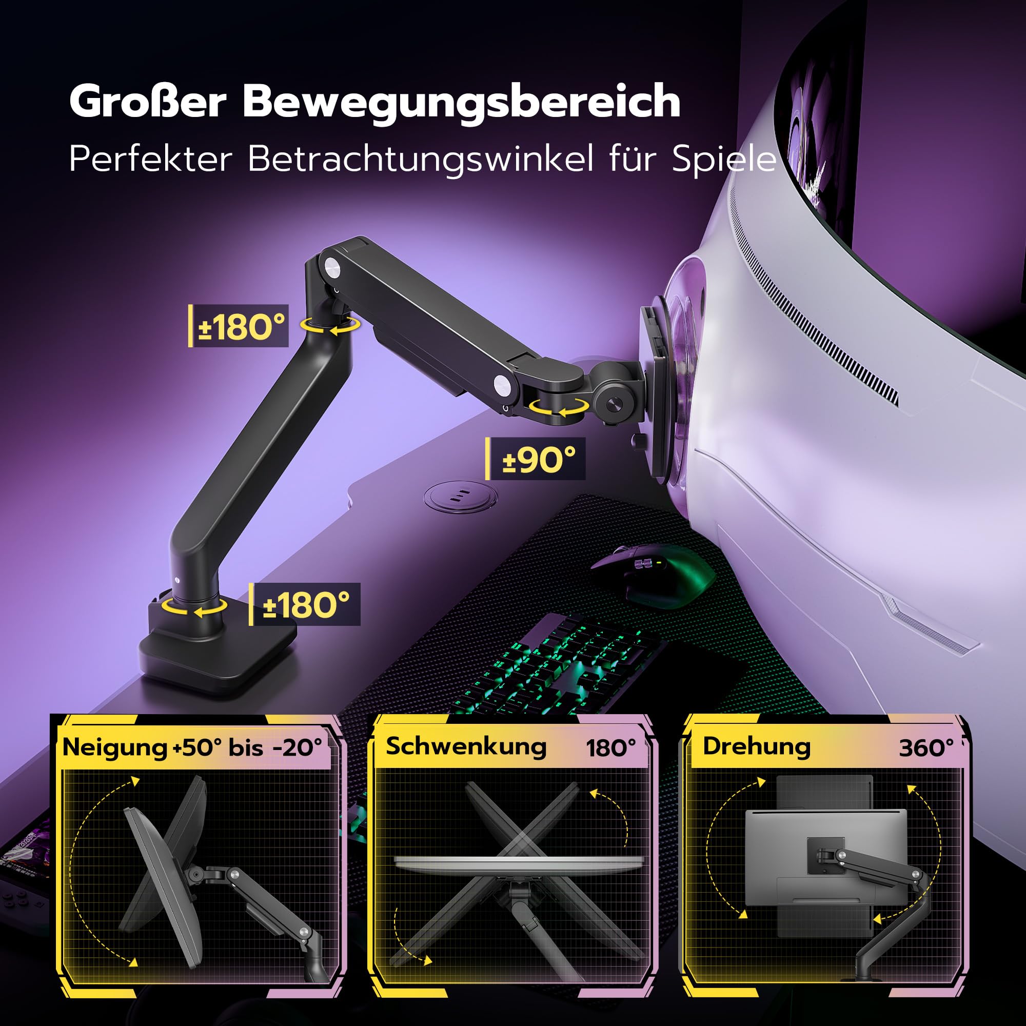 ARES WING Monitor Halterung für 17 bis 49 Zoll Bildschirme, Monitor Arm mit Gasfeder, Verstellbarer Monitorständer für 20Kg Computer Bildschirme, Monitorhalterung VESA 75/100 mm,Schwarz 2