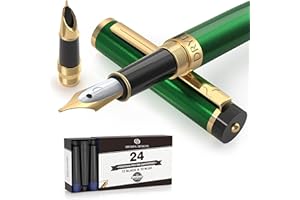 Dryden Designs Fountain Pen - Medium and Fine Nibs | Includes 24 Ink Cartridges and Ink Refill Converter | Calligraphy Pen, Consistent Writing, Smooth Flow - Emerald Green.