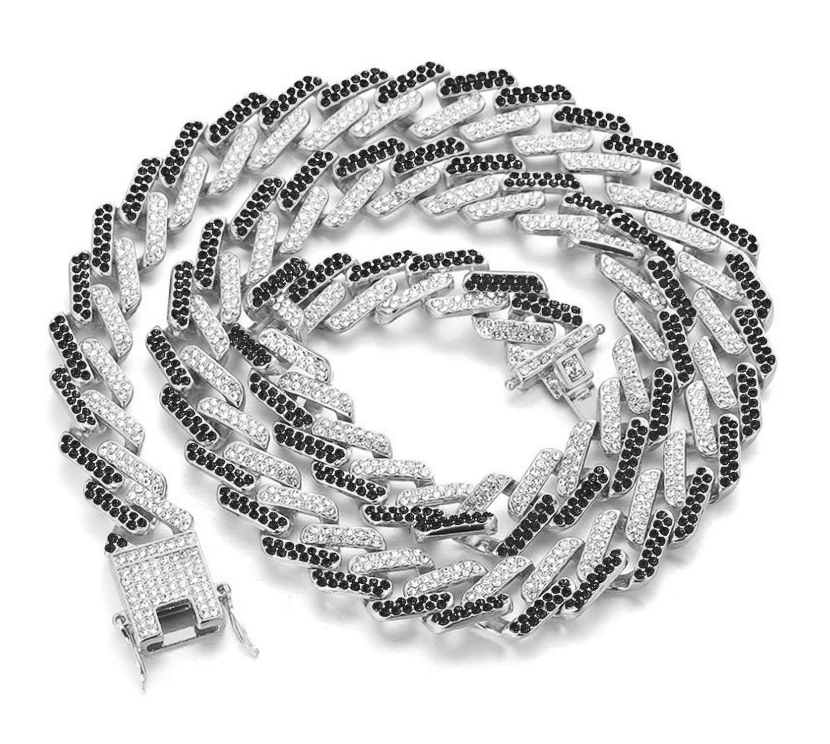 HALUKAKAH Diamond Cuban Link Gold Chain for Men Iced Out,13MM Fuji Platinum White Gold Finish Choker Necklace 45cm,Multicolor Black White Diamonds Prong Set,Gift for Him