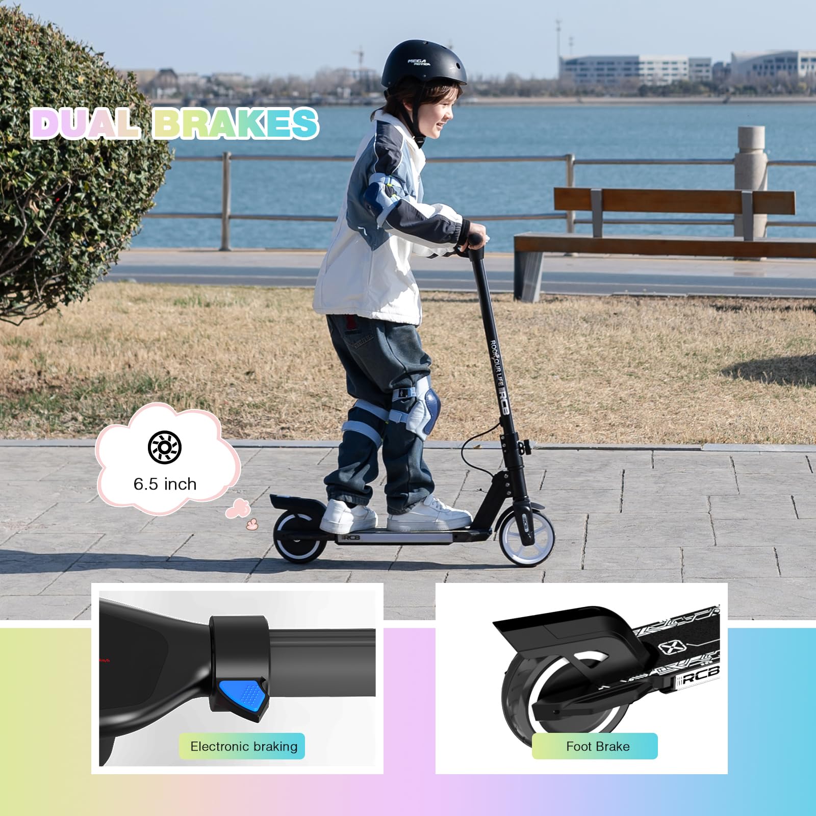 RCB R12 E-Scooter Kinder 6-12 Jahren, bis zu 15 km/h & 10 km, 6,5 Zoll Faltbar Elektroroller, Bunte Leuchten, LED Display,Doppelte Bremsen, Geschenk für Kinder 4