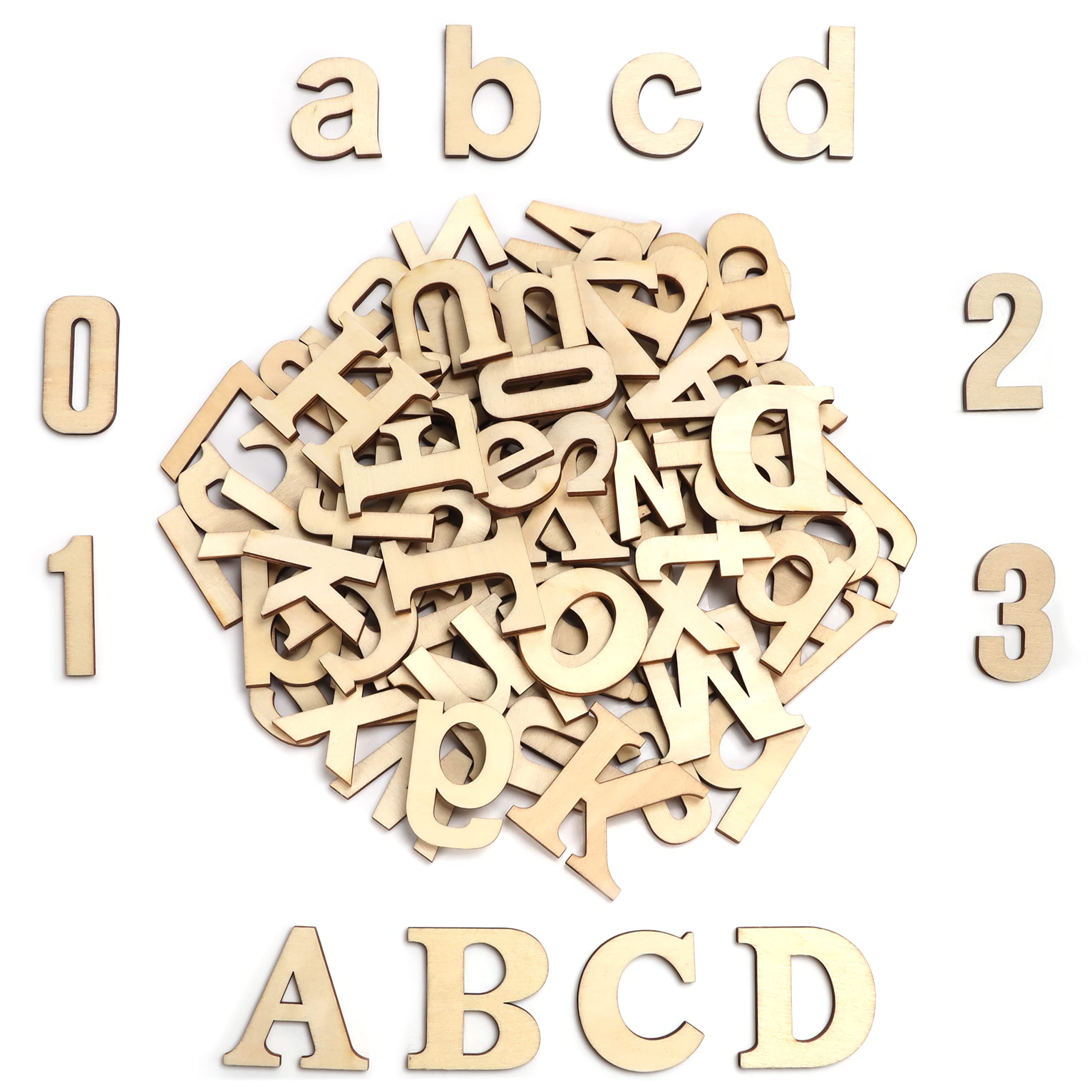 HANDI STITCH 124 Pieces Unfinished Wooden Letters & Numbers - 52 Capital & 52 Lowercase (A-Z) Alphabet Letters - 20 (0-9) Numbers - DIY Wood Pieces for Learning, Decor & Crafts