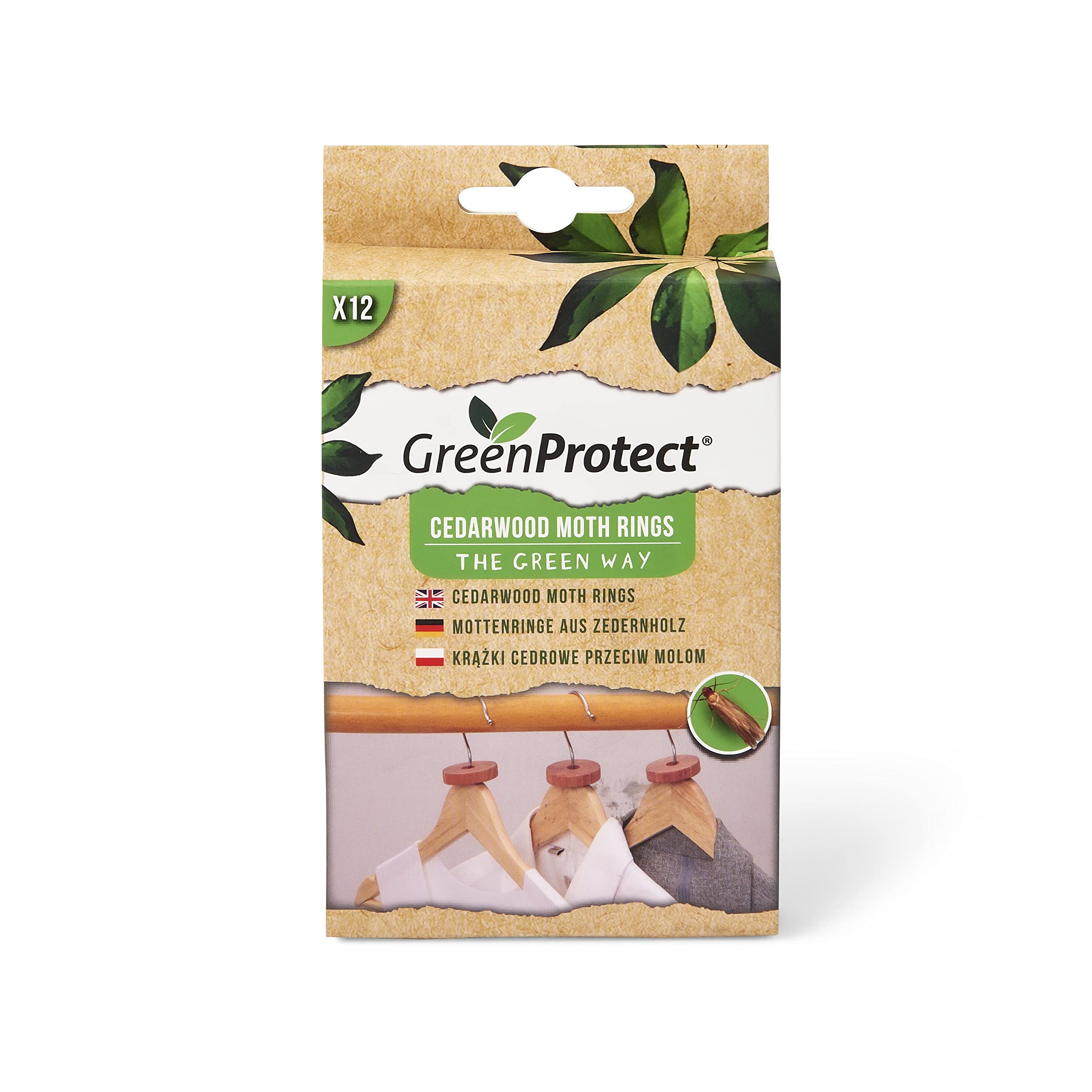 Green Protect Cedarwood Moth Rings - Wardrobe Rings Made of eco-Conscious Cedar Wood - Moth Repellent Hangers - Kid-and-Pet-Safe Moth/Insect Repellent for Storage Drawers and More - Pack of 12