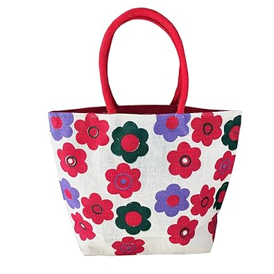 SAISAN Flower Print Jute Tote Bag with Inner Zipper Pocket (Multicolour, 17.5X8X14-Inches)