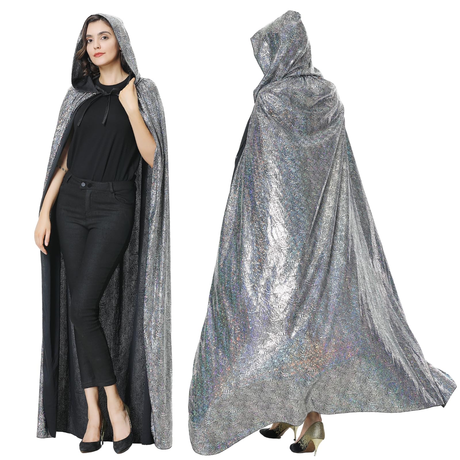 Full Length Sequin Cape Bling Bling Adult Glitter Cloak 1970's Abba Costumes for Halloween Christmas Mardi Gras Carnival Mama Mia Retro Party (Silver, 150CM)
