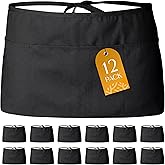 White Classic 12 Pack - Black Server Waist Aprons with 3 Pockets, Waitress Half Apron