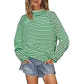 Yanekop Womens Striped Mock Neck Shirts Oversized Long Sleeve Tops Casual Pullover Tops Fall Fashion Basic Tees(Green Combo,XL)