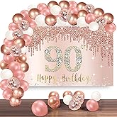 Happy 90th Birthday Banner Backdrop Decorations with Confetti Balloon Garland Arch, Rose Gold 90 Birthday Banner Balloon Set for Women, Pink 90 Year Old Bday Poster Photo Booth Decor