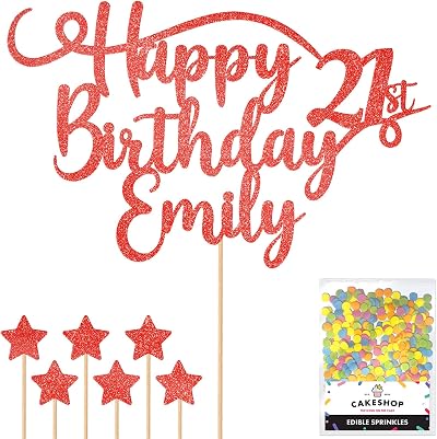 Cakeshop Personalised Happy Birthday Glitter Cake Topper Red Name & Age