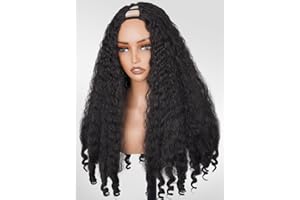 PREMPO Afro Wig V Part Kinky Curly Wigs for Black Women, 180% Density Wear and Go Glueless Wig with Unique Bouncy Curls in the End, Synthetic No Leave out Clip in (#1B Black wig, 24 Inch)