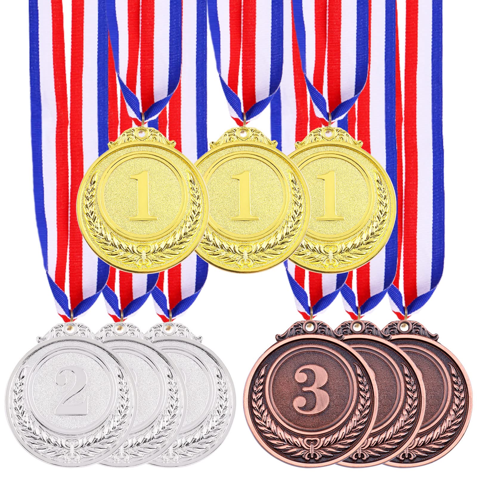 Swpeet Metal Gold Silver Bronze Award Medals with Ribbon, Olympic Style Winner Medals for Kids Children's Events, Classrooms, Office Games and Sports - 1st 2nd 3rd Place (Award Medal Kit-9Pcs)