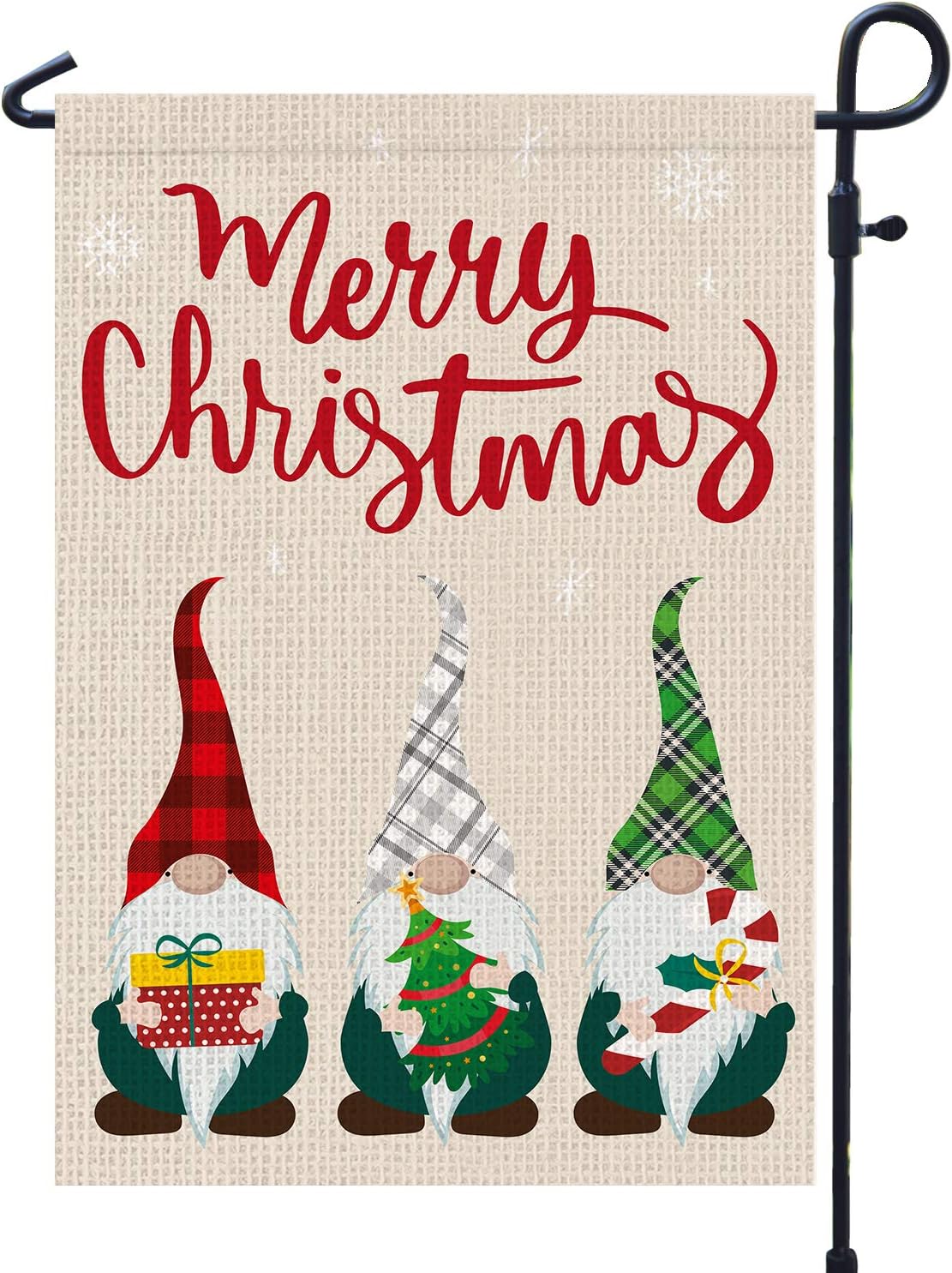 Merry Christmas Garden Flags Burlap 12x18 Double Sided with Buffalo Check Plaid Gnome Winter Garden Flag for Outside Yard Outdoor Decoration