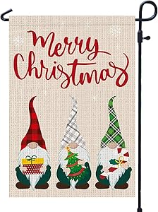 Merry Christmas Garden Flags Burlap 12x18 Double Sided with Buffalo Check Plaid Gnome Winter Garden Flag for Outside Yard Outdoor Decoration