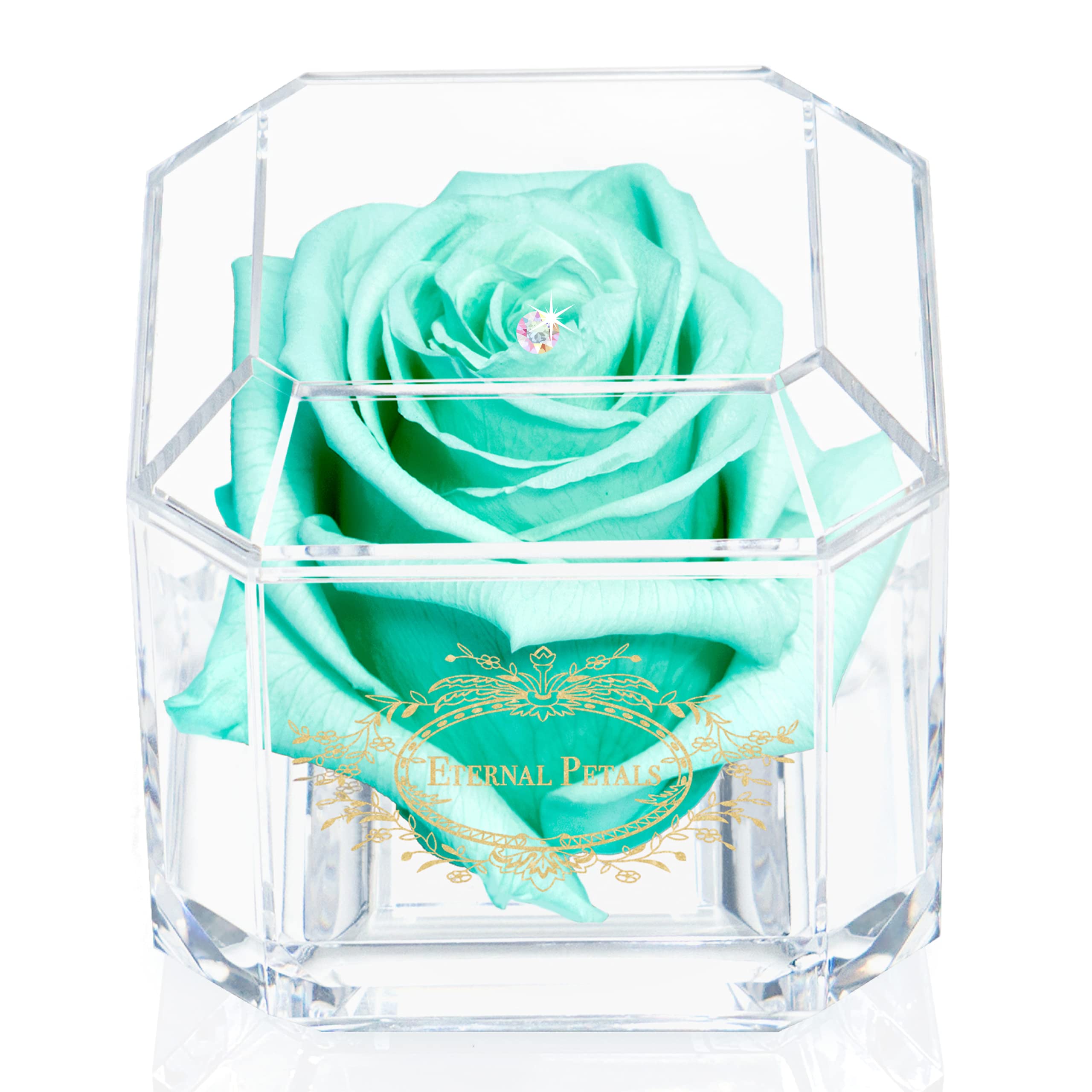 A 100% Real Rose That Lasts Years - Eternal Petals, Handmade in UK – Gold Solo with A Multicolour Crystal (Mint)