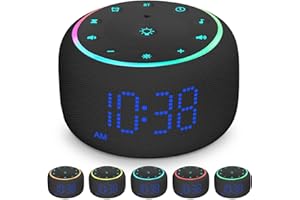 MOJIKOO White Noise Machine Alarm Clock for Bedrooms - 5W Stereo Bluetooth Speaker - 24 Soothing Sounds - 9 Night Lights - Auto-Dimmable Digital Alarm Clock Sound Machine for Sleeping