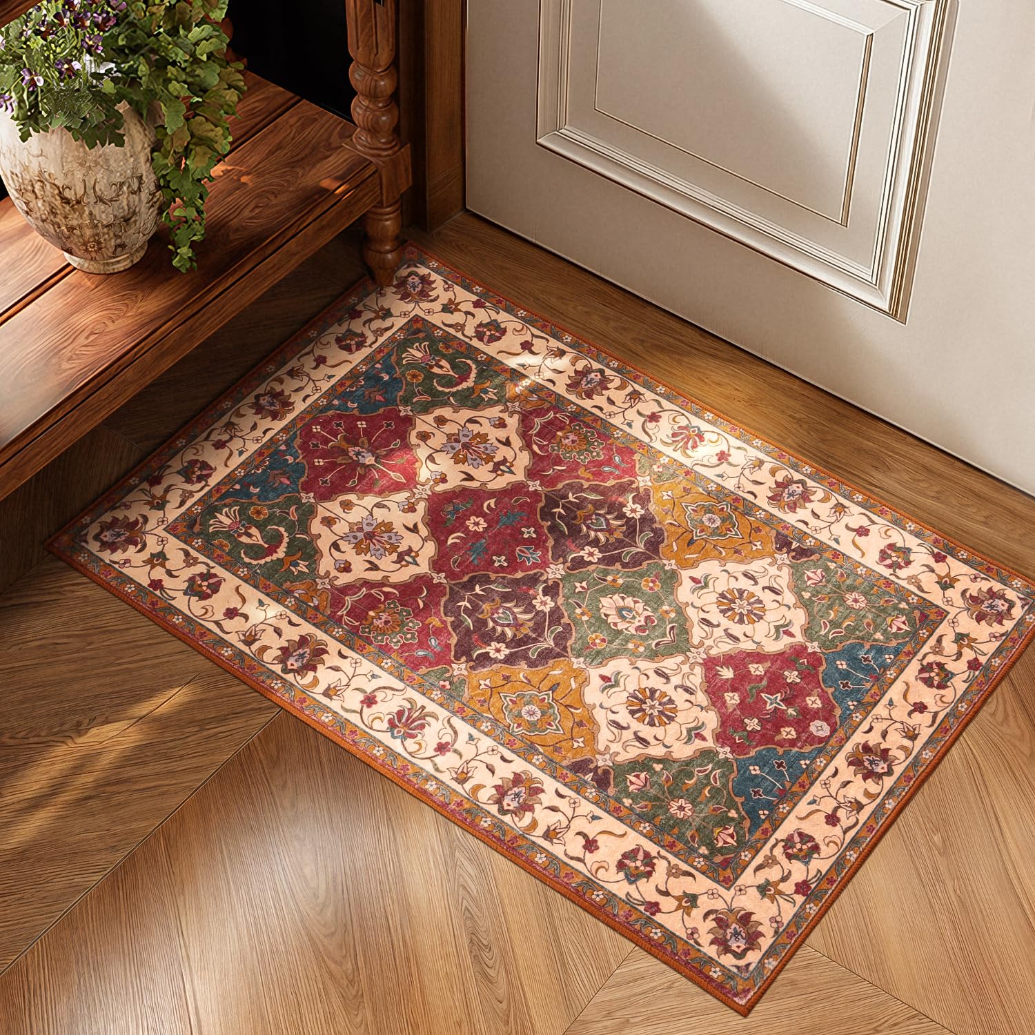 Photo 1 of Lessymo Moroccan Washable Rugs for Entryway, Faux Wool 2x3 Small Area Rug for Kitchen Bathroom Corridor - Non-Slip Indoor Door Mat Low Plie Stain Resistant Boho Runner Rug, Classic Red and Cream