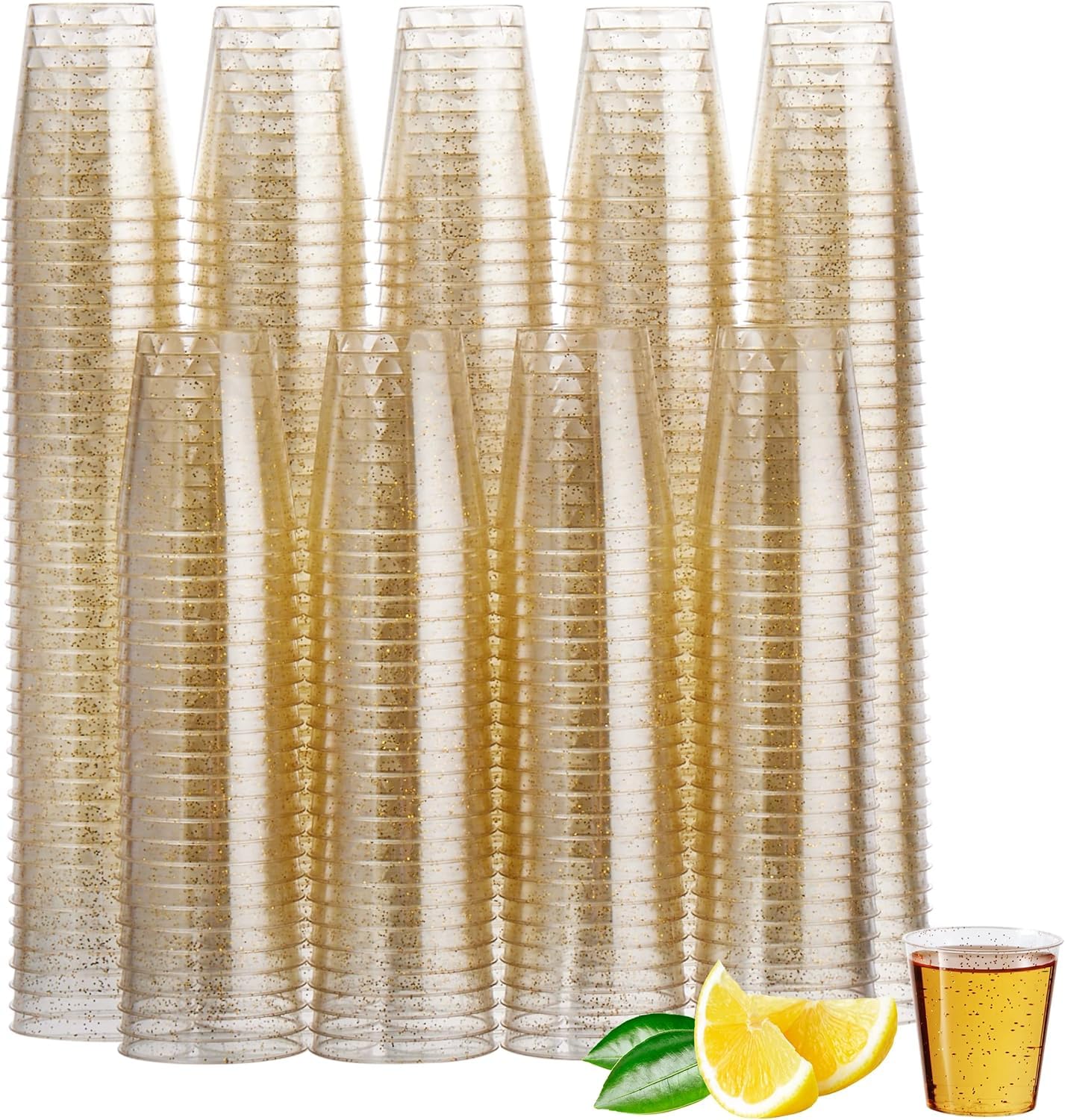 MATANA 150 Plastic Shot Glasses (30ml) - Clear with Gold Glitter Jelly Shots, Jello & Tequila Shots, Sample Tasting Cups - Shot Cups for Birthdays, Weddings, BBQ, Parties - Sturdy & Reusable