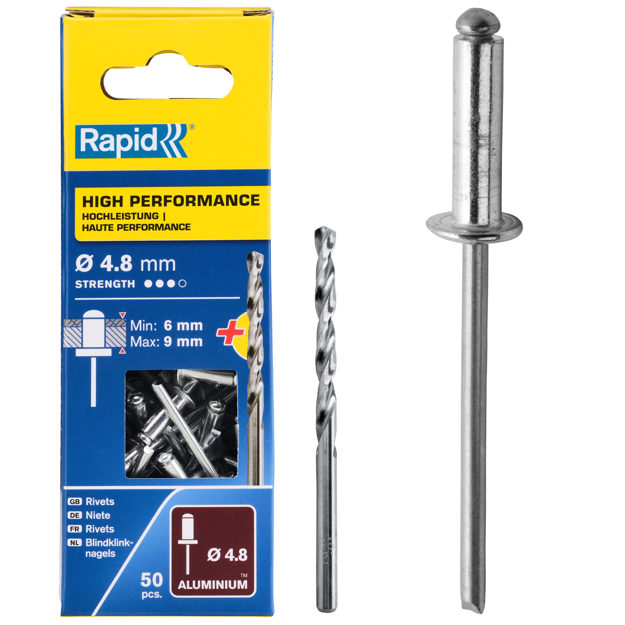 Rapid Rivets High Performance Including Drill Piece, 4.8 x 12 mm, 5000388 - 50 Pieces, Silver/ Blue/ Clear