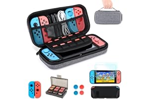 Switch Accessories Kit, innoAura 11 in 1 Accessories Kit with Carrying Case, Game Card Slot Holder, TPU Cover, J-con Covers, Thumb Caps, Tempered Glass Screen Protectors for NS Switch