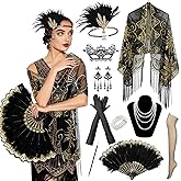 Soleeya 1920s Accessories - Roaring 20s Accessories for Women - Flapper Costumes for Women - 1920s Headpiece/Shawl/Fan, 10-Piece