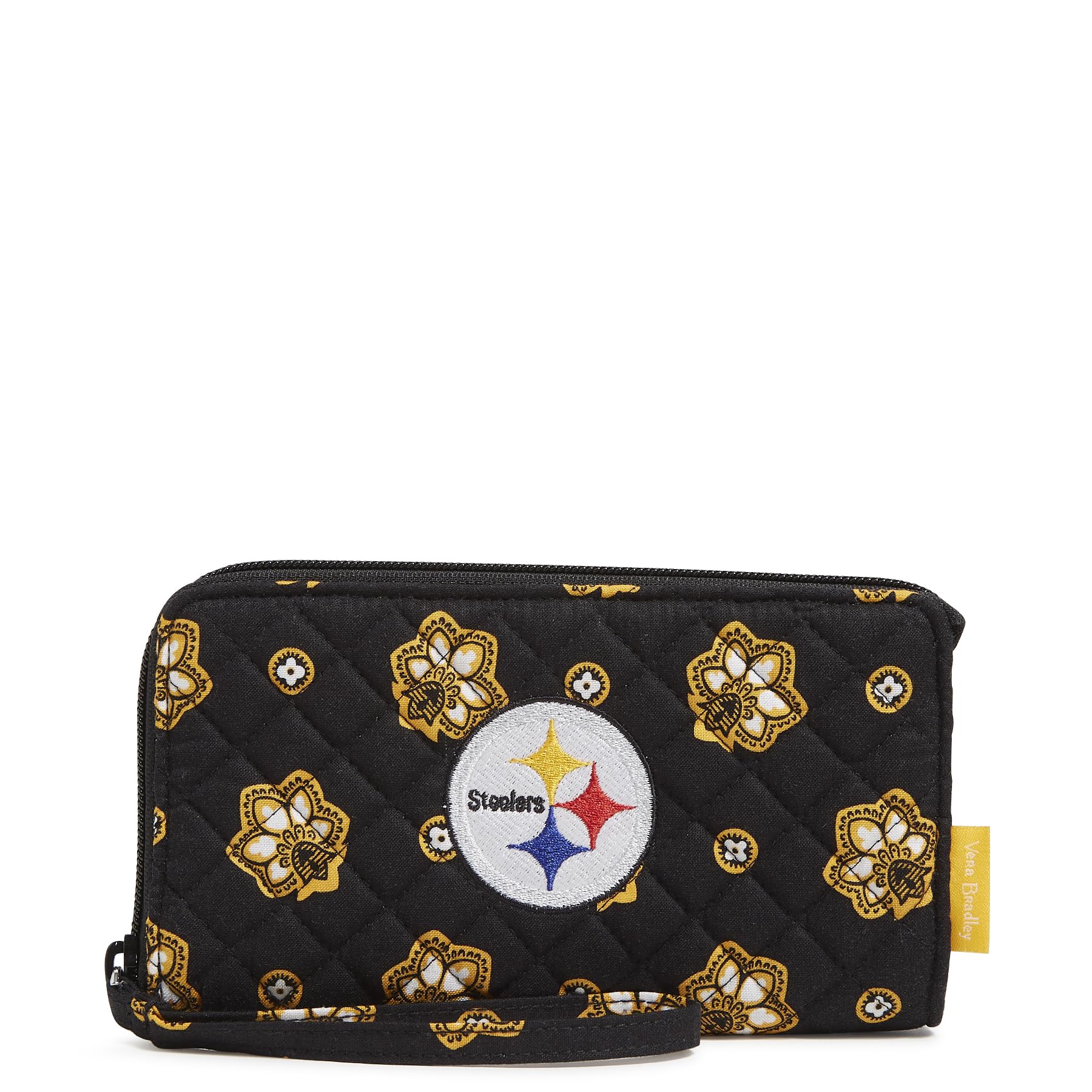 Vera Bradley Cotton Front Zip Wristlet with RFID Protection, Black/Yellow Bandana with Pittsburgh Steelers Image