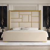 Uteeran King Bed Frame and Gold Trim Headboard, Upholstered Bed, Beige | Modern Platform Bed Frame with 55.12" Tall Luxury Velvet Headboard, Noise-Free, No Box Spring Needed