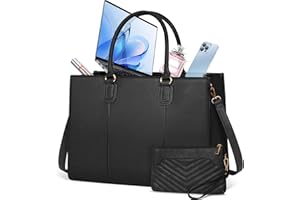 NEWHEY Laptop Bag for Women 15.6 Inch Work Tote Bags Leather Computer Bag with Clutch Purse Professional Office Briefcase Waterproof Handbag Shoulder Bag for Business Travel College, Black