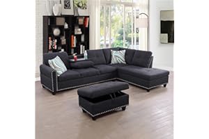 UBGO Living Room Furniture, 3-Piece Sectional Set with 2 Cup Holder,L-Shape Chaise Lounge & Storage Ottoman,Sofas & Couches for Small Space Apartments-Black Grey (Right Hand Facing)