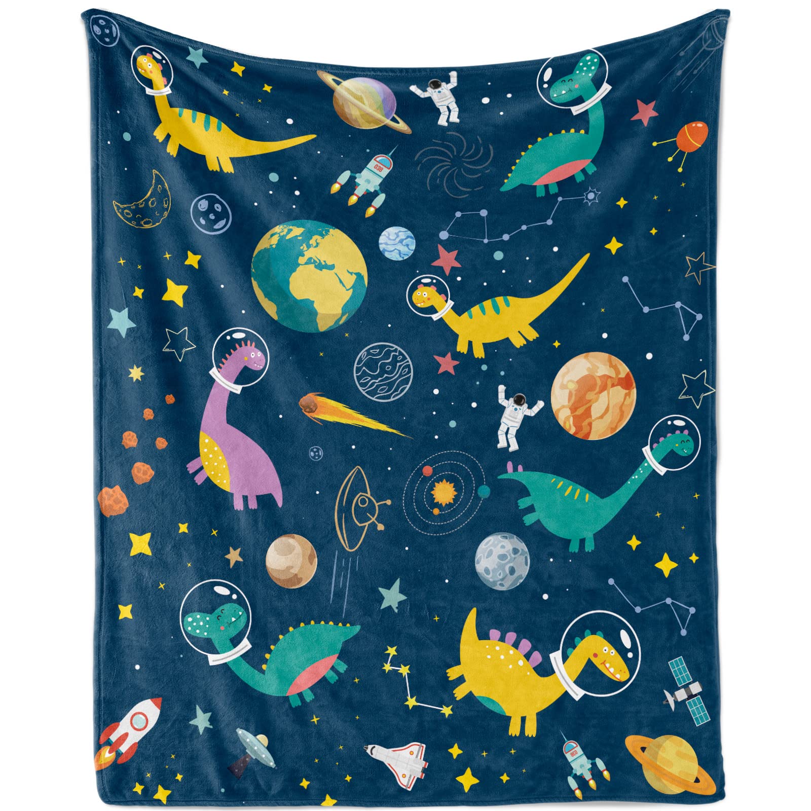 Dinosaur Blankets for Boys, Dinosaur Throw Blanket Soft Cozy Space Dinosaur Flannel Fleece Plush Blanket Gifts with Planets Astronauts Pattern for Teens, Dino Blankets for Bed Sofa Couch, 130x150cm