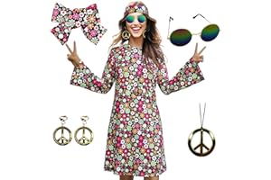 MRYUWB 70s Hippie Dress Costumes Necklace Earrings Sunglass Women Disco Outfit, 60s Party Costume, Halloween Retro Dresses