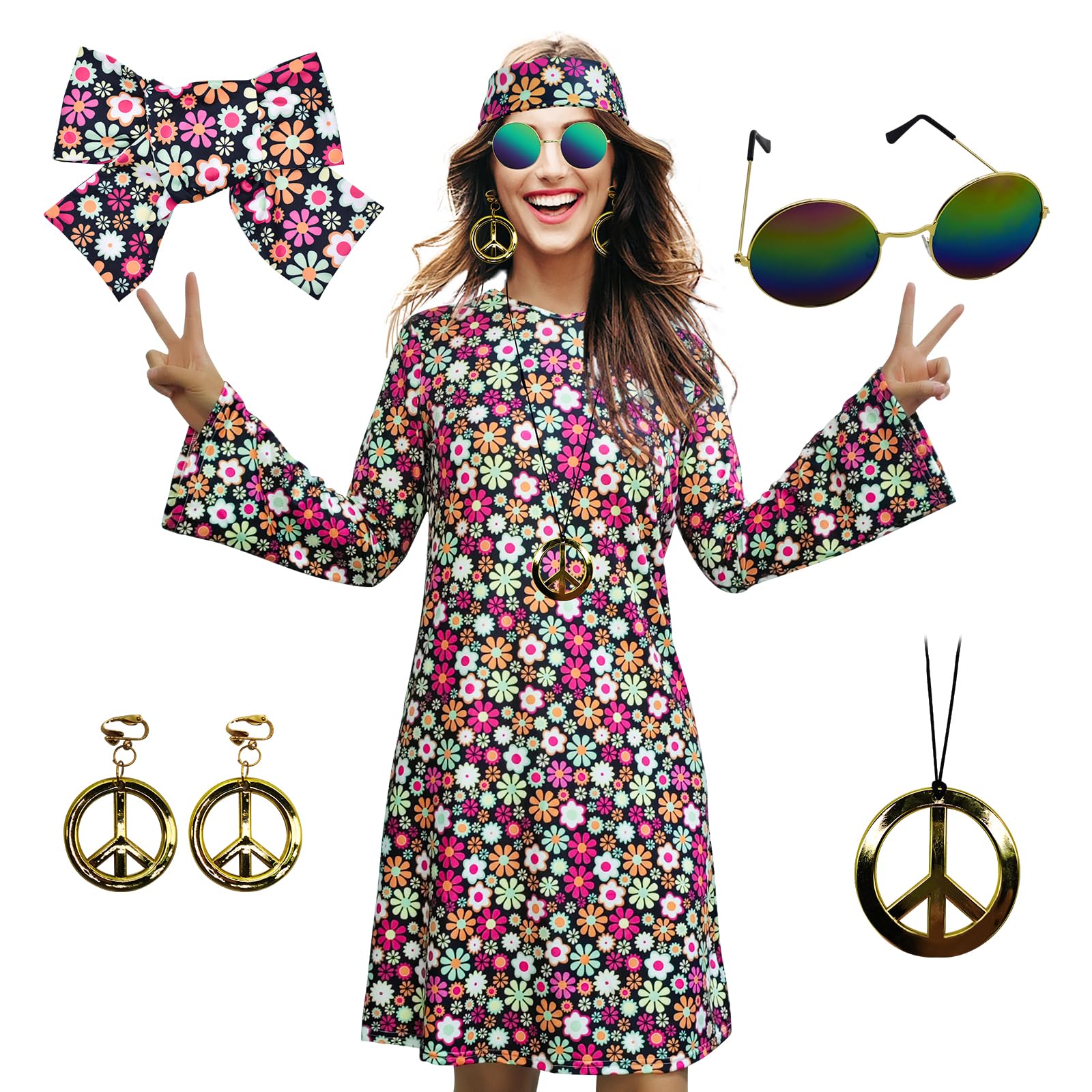 MRYUWB 70s Hippie Dress Costumes Necklace Earrings Sunglass Women Disco Outfit, 60s Party Costume, Halloween Retro Dresses (Vibrant Flowers, M) (F0154)