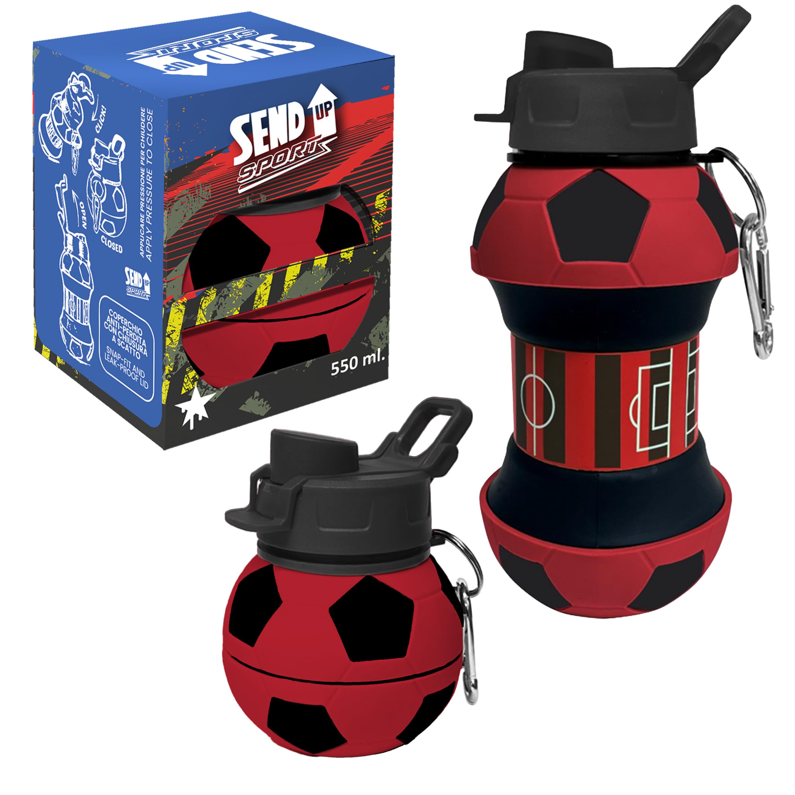 SEND UP Football Bottle Red/Black Heart Team, 550 ml, Foldable to 200 ml, BPA Free, Shatterproof, Dishwasher Safe, Hygienic Screw Cap, Silicon Material, Environmentally Friendly Sports Gift