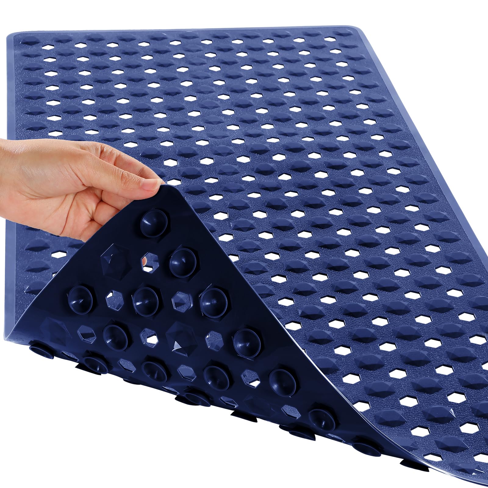 Photo 1 of Yimobra Bathtub Mat Non Slip, 27.5"x15.5" Machine Washable Shower Floor Mat, Soft on Feet, Bathmat with Drain Holes and Suction Cups, Bathroom Essentials, Dark Blue