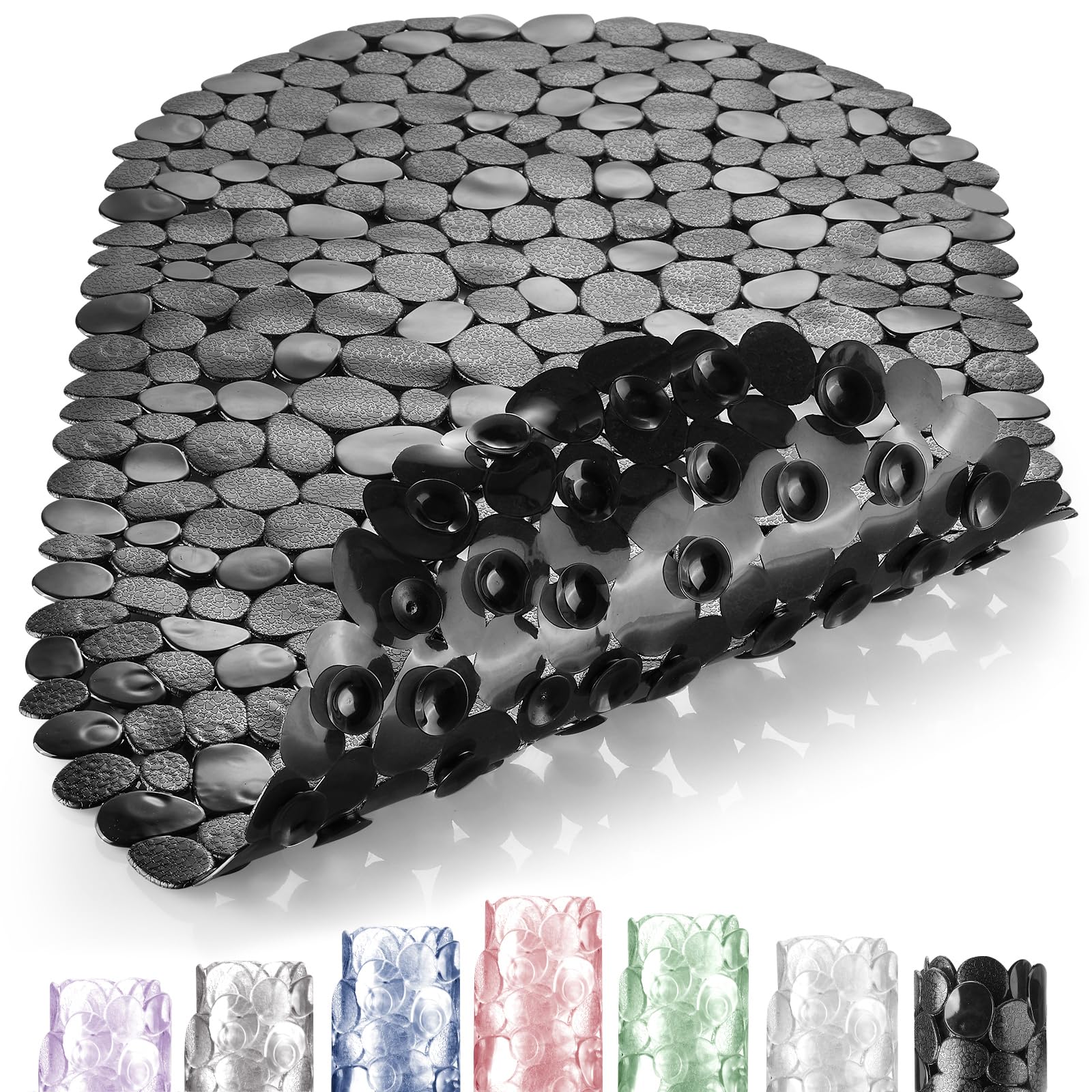 DOPROP Classic Pebbles Non Slip Shower Mats for Inside Shower Anti Mould Bath Mats for Bathroom Accessory with Suction Cup Washable Safety Oval Black Shower Mats Pads Trays for Elderly Child,69x36CM