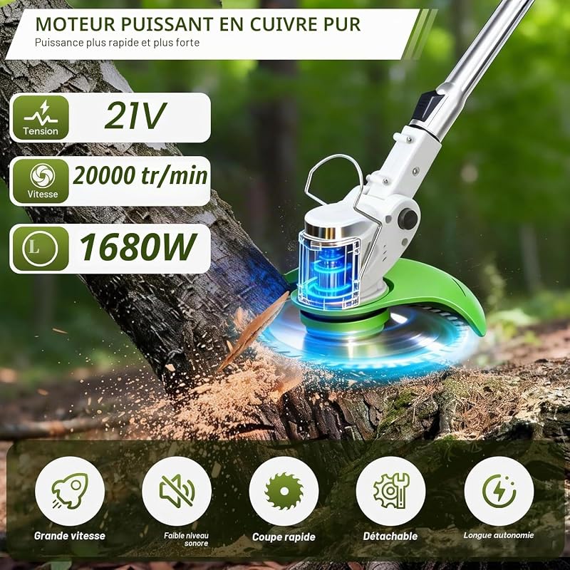Débroussailleuse Électrique sans Fil 21V - Coupe Bordure Batterie 4Ah avec Lames Métalliques, Poignée Réglable, Adapté pour Jardin Pelouse Et Bordures, Puissant pour Coupe Herbe (Beige)