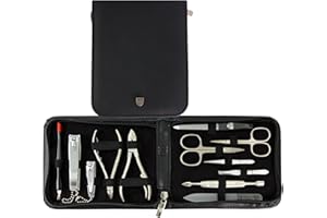 3 Swords Germany - brand quality 12 piece manicure pedicure grooming kit set for professional finger & toe nail care with black genuine leather case - Made in Germany